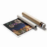 Extra large rolled print of Barcelona scenery with vibrant floral elements, ideal for classy bathroom wall art.