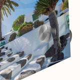 Large abstract wall art of a Canary Islands scenery in muted earth tones on acrylic glass, suited for dining room ambiance.