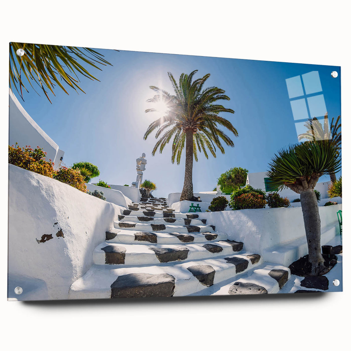Large abstract wall art depicting a European scenery in vibrant hues on acrylic glass.