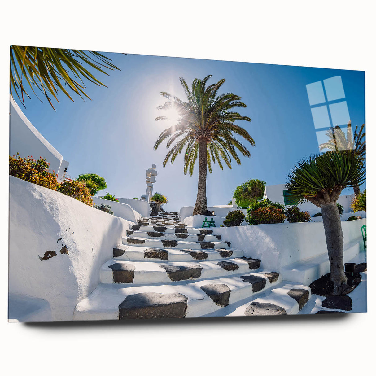 Large abstract wall art of a European scenery in vibrant colors, printed on acrylic glass.