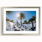 Extra large abstract art print depicting a textured Spanish Canary landscape in muted earth tones, framed with a silver mat.