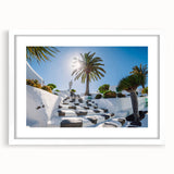 Textured abstract art print depicting a serene Canary Islands landscape in muted earth tones on a framed white mat.