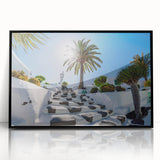 Large abstract wall art depicting a stylized Canary Islands landscape in muted earth tones on a framed acrylic.