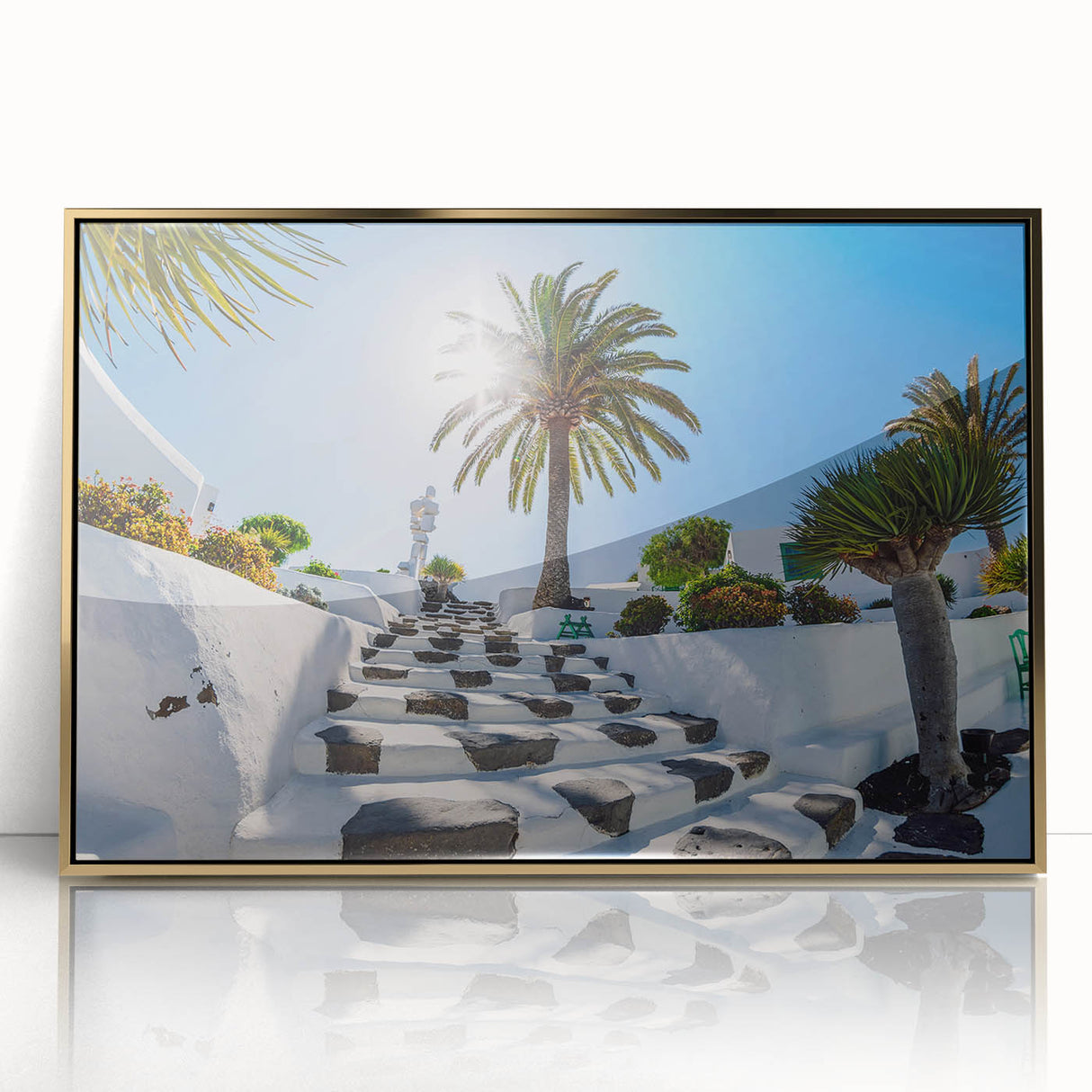 Art deco poster featuring a vibrant, abstract depiction of the Canary Islands on a framed acrylic.