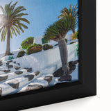 Extra large black wall art of a textured European scenery on a framed canvas, featuring vibrant colors.