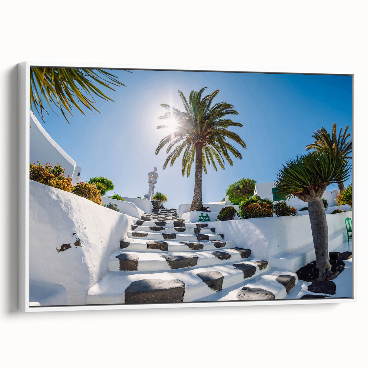Vintage poster art of a scenic Canary Islands landscape in vibrant colors on a large framed canvas.