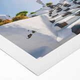 Art deco poster of a European scenery with muted blue and beige tones on rolled canvas, suitable for dining room wall art.