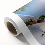 Art deco poster depicting a serene Canary Islands landscape on rolled canvas.