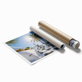 Extra large rolled print of a serene European scenery with floral elements in soft pastel shades.