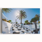 Black and white stretched canvas featuring a panoramic view of the Canary Islands, ideal for kitchen wall art.