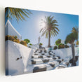 Large stretched canvas depicting a scenic view of the Canary Islands in vibrant blue and green tones.