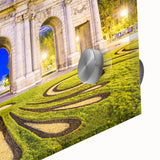 Large abstract wall art of Madrid's cityscape in mid-century modernist style, featuring muted earth tones on acrylic glass.