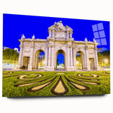 Large abstract acrylic print of Madrid’s cityscape in muted earth tones, ideal for bedroom or dining room art.