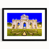 Extra large abstract art print of colorful, textured Madrid scenery on a black framed canvas, ideal for living room decor.