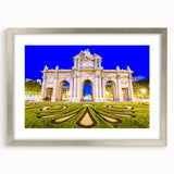 Textured abstract art print of Madrid's cityscape in muted earth tones, framed in silver, ideal for bedroom decor.