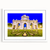 Abstract art print of Madrid scenery in muted earth tones on a white framed canvas, ideal for dining room decor.