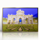 Large art print of Madrid scenery with mid-century modernist style, gold-framed acrylic, ideal for modern art wall decor.