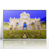 Art deco poster of Madrid skyline in muted earth tones on white acrylic, ideal for modern art wall decor.