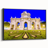 Black and white vintage poster art of Madrid landscape on framed canvas, ideal for bedroom wall decor.