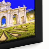 Black wall art featuring a textured depiction of Madrid's skyline in vibrant colors on a large framed canvas.
