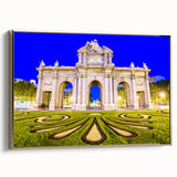 Framed canvas featuring a vintage-style landscape painting of Madrid with gold and black tones, ideal for bedroom wall art.