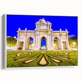 Vintage poster art of Madrid's cityscape in vibrant colors on a large framed canvas, ideal for living room decor.