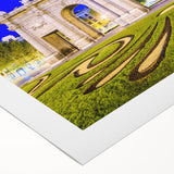 Art deco poster of Madrid skyline in muted earth tones on rolled canvas, suitable for dining room decor.