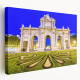 Large stretched canvas featuring a detailed depiction of Madrid's cityscape in muted earth tones, ideal for kitchen wall art.