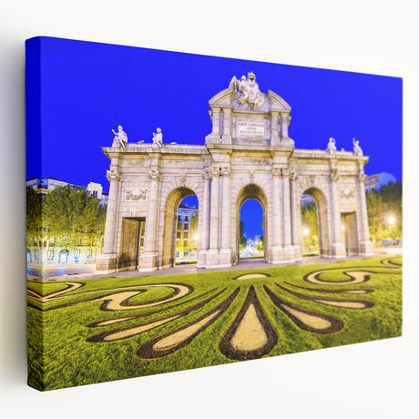 Large stretched canvas featuring a detailed depiction of Madrid's cityscape in muted earth tones, ideal for kitchen wall art.