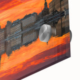 Large abstract wall art of Stockholm's skyline in muted gray and blue tones on acrylic glass, ideal for dining room art.