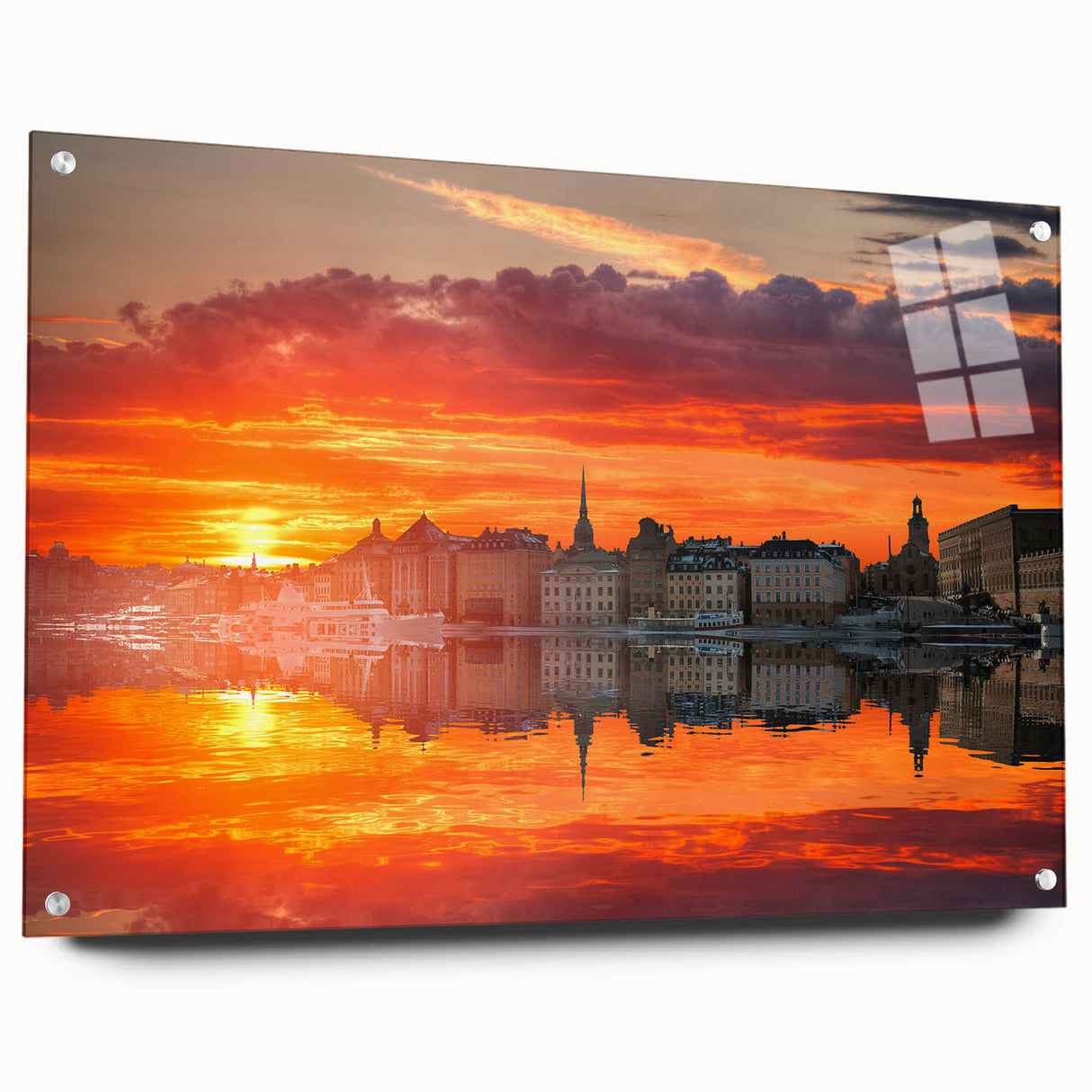 Acrylic print of Stockholm's cityscape in muted blue and gray tones, suitable for bedroom or dining room decor.