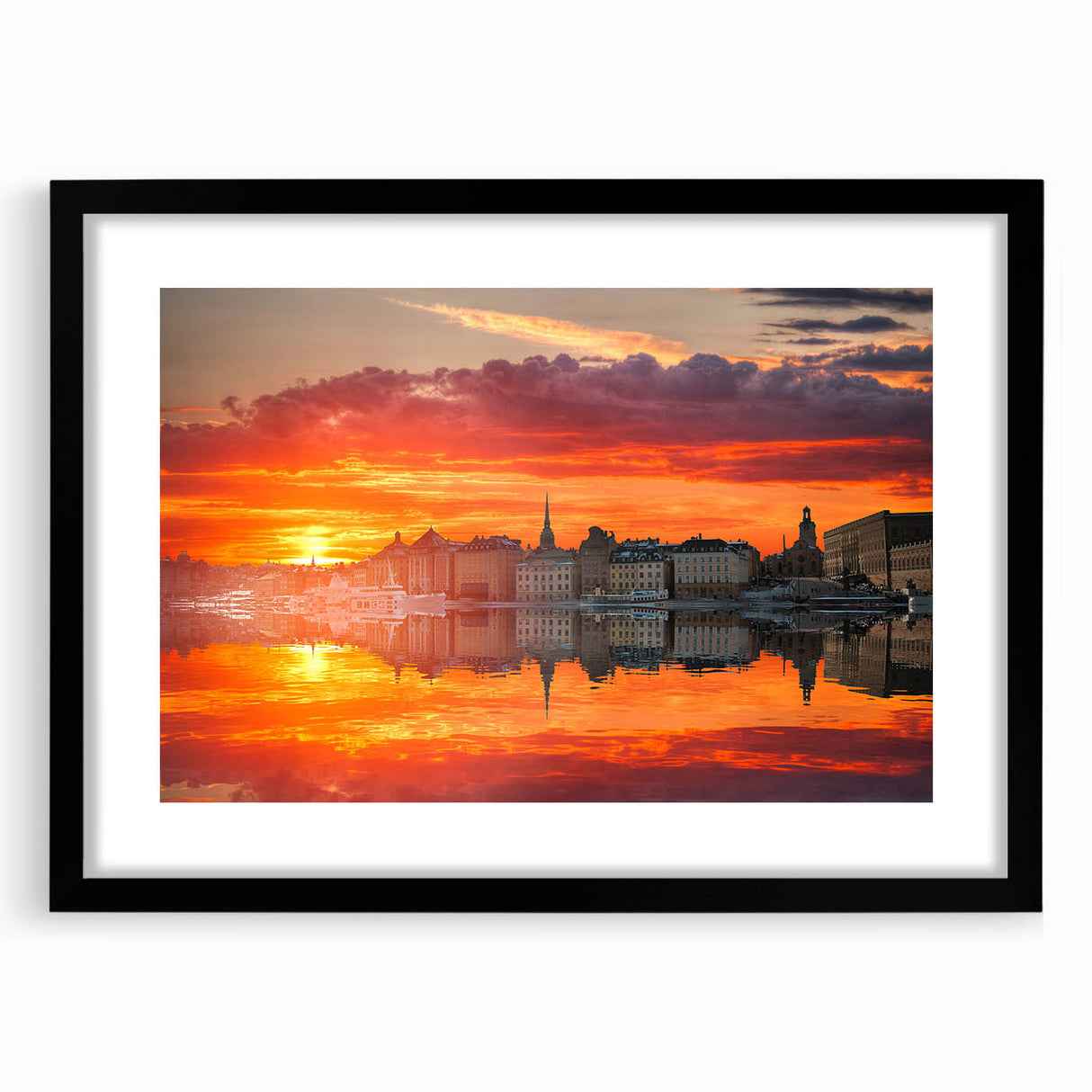 Extra large abstract art print of Stockholm cityscape in vibrant colors on a textured canvas, ideal for living room decor.