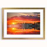 Extra large abstract art print of Stockholm scenery in textured gold frame, ideal for living room decor.
