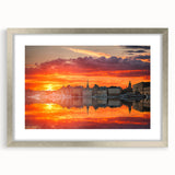 Textured abstract art print of Stockholm's skyline in muted gray and silver tones on a framed canvas.