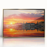 Large acrylic print of Stockholm scenery in gold frame, featuring mid-century modernist style.