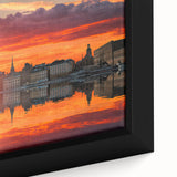 Extra large framed canvas of a textured, colorful Stockholm scenery in black, ideal for living room decor.