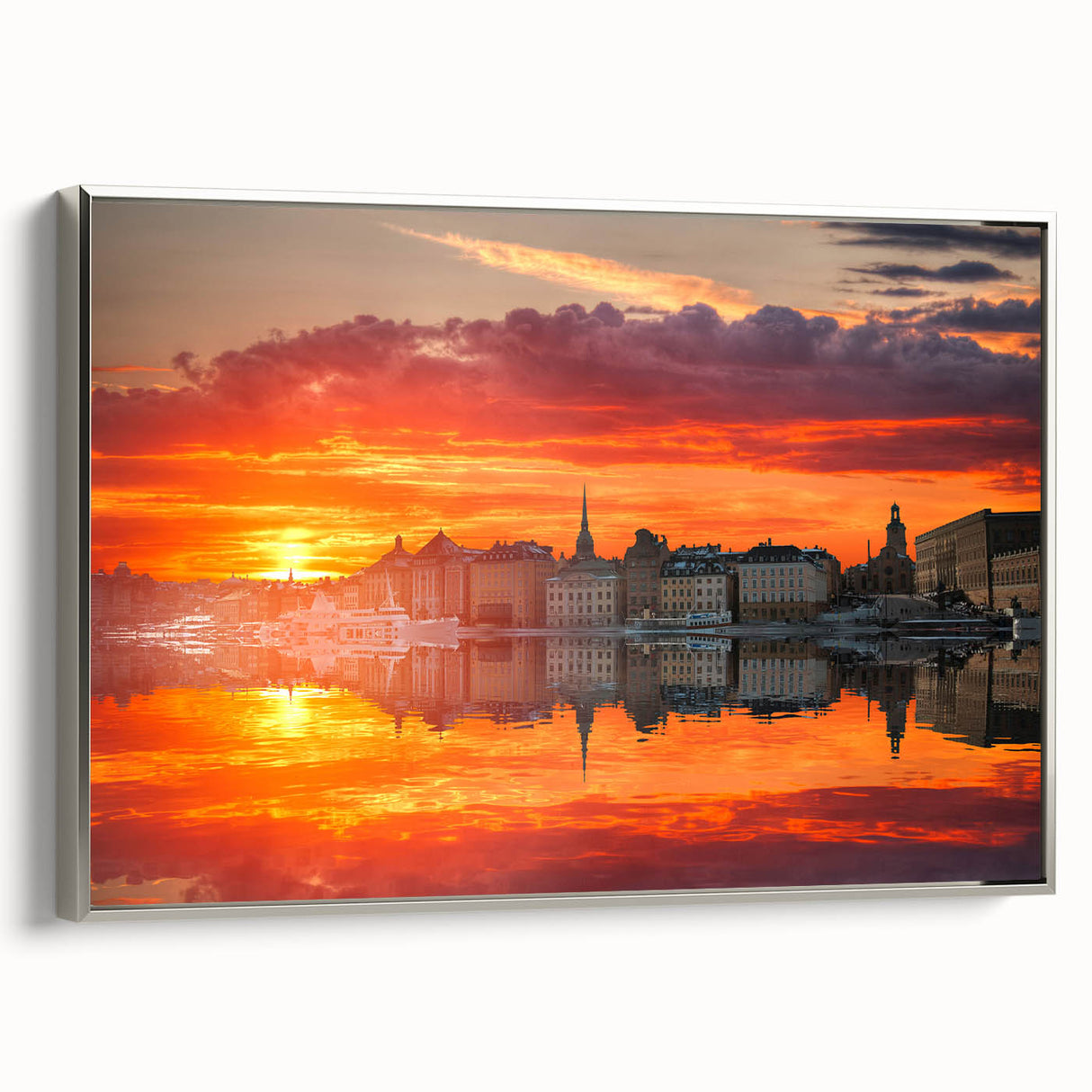 Framed canvas featuring a vintage-style landscape painting of Stockholm with colorful and black elements.