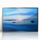 Large art print of a serene Swedish landscape in muted green and blue tones, framed in gold acrylic.