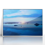 Acrylic print of a serene Swedish landscape with soft pastel shades, framed in white, suitable for nursery wall art.