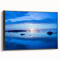 Black and white framed canvas depicting a serene Swedish landscape, ideal for bedroom wall art.