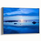 Landscape art painting of a Swedish scenery on a framed canvas, featuring muted earth tones and vintage poster art style.