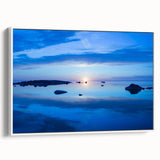 Vintage poster art of a European scenery in Sweden, displayed on a white-framed canvas.