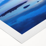 Art deco poster featuring a serene Swedish landscape in muted green and blue tones, ideal for dining room wall art.