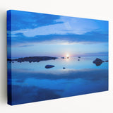 Large canvas print of a serene Swedish landscape in muted green and blue tones, suitable for kitchen wall art.