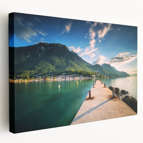 Large stretched canvas featuring a scenic view of Geneva with muted earth tones, ideal for kitchen wall art.