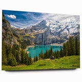 Acrylic print of a serene Swiss landscape in soft blue and green hues, ideal for bedroom or dining room decor.