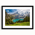 Abstract art print depicting a colorful, textured Swiss landscape on an extra large framed canvas.