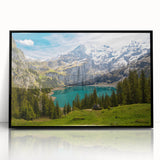 Large abstract wall art depicting a Swiss landscape in muted earth tones on a framed acrylic.