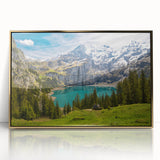 Large art print of a serene Swiss landscape, featuring muted green and blue tones on a framed acrylic.