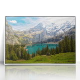 Acrylic print of a serene Swiss landscape, featuring muted green and blue tones.